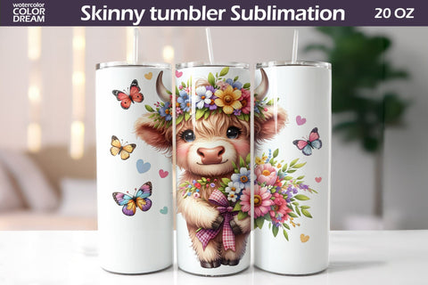 Highland Cow Tumbler Wrap | Cow Wildflowers Tumbler Sublimation WatercolorColorDream 