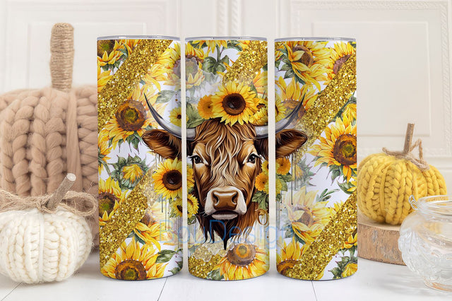 Highland Cow Tumbler Wrap PNG 20oz Skinny Sublimation Tumblers Templates, Highland Cow Sunflower Tumbler Wrap Digital Download Designs - PNG Sublimation BouDesign 