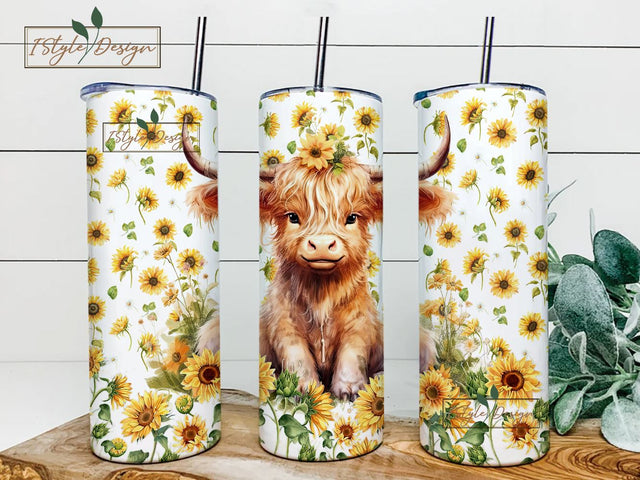 Highland Cow Tumbler Wrap, Sunflower Tumbler Wrap 20oz Sublimation, Downloadable PNG Sublimation iStyleDesign 