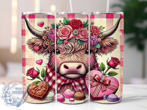 Highland Cow Valentine 20oz Tumbler, Cow Tumbler, Cute Cow Gift, Valentine’s Day Tumbler, Farm Animal Tumbler, Cow Lover Gift, Sublimation Wrap Sublimation ToriDesigns 