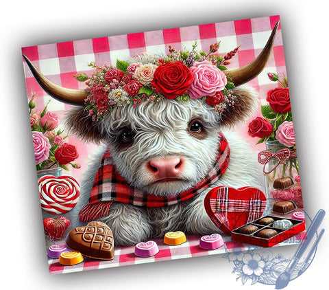 Highland Cow Valentine 20oz Tumbler, Cow Tumbler, Cute Cow Gift, Valentine’s Day Tumbler, Farm Animal Tumbler, Cow Lover Gift, Sublimation Wrap Sublimation ToriDesigns 