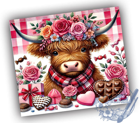 Highland Cow Valentine 20oz Tumbler, Cow Tumbler, Cute Cow Gift, Valentine’s Day Tumbler, Farm Animal Tumbler, Cow Lover Gift, Sublimation Wrap Sublimation ToriDesigns 