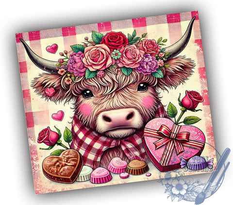 Highland Cow Valentine 20oz Tumbler, Cow Tumbler, Cute Cow Gift, Valentine’s Day Tumbler, Farm Animal Tumbler, Cow Lover Gift, Sublimation Wrap Sublimation ToriDesigns 