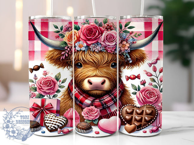Highland Cow Valentine 20oz Tumbler, Cow Tumbler, Cute Cow Gift, Valentine’s Day Tumbler, Farm Animal Tumbler, Cow Lover Gift, Sublimation Wrap Sublimation ToriDesigns 