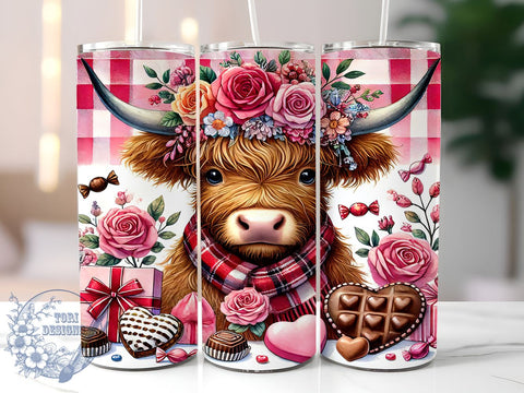 Highland Cow Valentine 20oz Tumbler, Cow Tumbler, Cute Cow Gift, Valentine’s Day Tumbler, Farm Animal Tumbler, Cow Lover Gift, Sublimation Wrap Sublimation ToriDesigns 