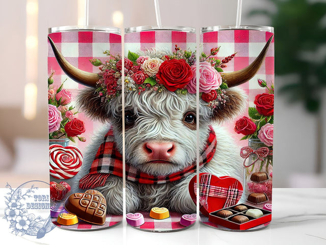 Highland Cow Valentine 20oz Tumbler, Cow Tumbler, Cute Cow Gift, Valentine’s Day Tumbler, Farm Animal Tumbler, Cow Lover Gift, Sublimation Wrap Sublimation ToriDesigns 