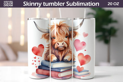 Highland Cow Valentine Tumbler | Valentines Day Tumbler Wrap Sublimation WatercolorColorDream 