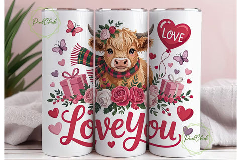 Highland Cow Valentine's 20oz Tumbler Sublimation PixelChick 