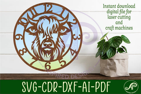 Highland cow wall clock laser cut files, SVG file. vector SVG APInspireddesigns 