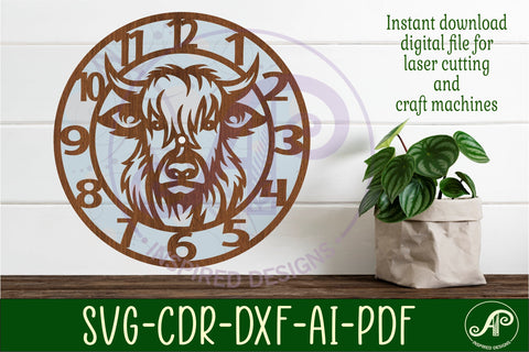 Highland cow wall clock laser cut files, SVG file. vector SVG APInspireddesigns 