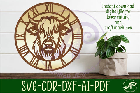 Highland cow wall clock laser cut files, SVG file. vector SVG APInspireddesigns 