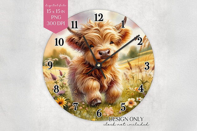 Highland Cow Wall Clock Sublimation Design PNG Sublimation BijouBay 