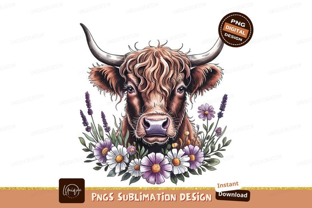 Highland Cow Watercolor Flowers Sublimation Png Sublimation Designangry 