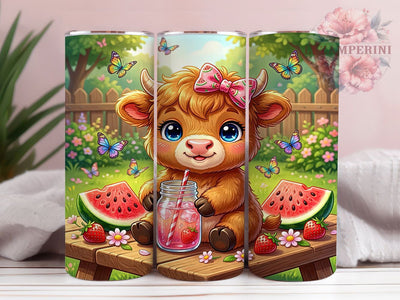 Highland Cow Watermelon Bow 20oz Tumbler, Watermelon Bow, Fluffy Calf, Golden Brown Fur, Blue Eyes, Skinny Tumbler, Sublimation PNG Sublimation Li Zamperini 