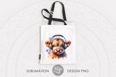 Highland cow wearing headphones | Music Wall Art Sublimation Artisan Craft SVG 