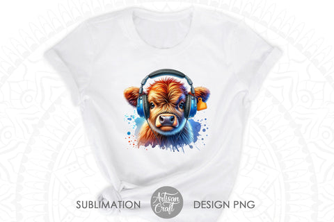 Highland cow wearing headphones | Music Wall Art Sublimation Artisan Craft SVG 