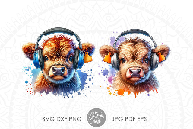 Highland cow wearing headphones | Music Wall Art Sublimation Artisan Craft SVG 