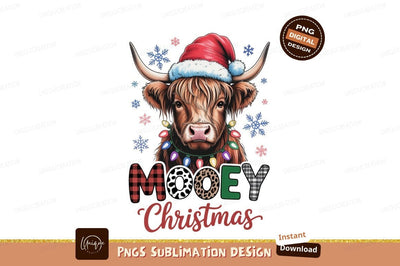 Highland cow wearing santa hat and christmas lights Sublimation Designangry 