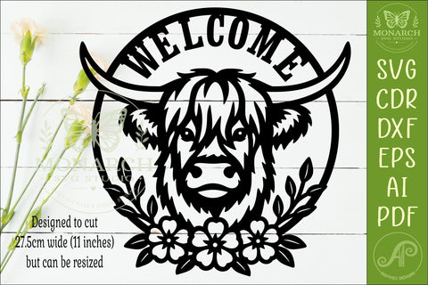 Highland Cow Welcome Floral Wall Sign SVG Farmhouse Door SVG APInspireddesigns 