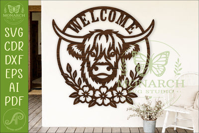Highland Cow Welcome Floral Wall Sign SVG Farmhouse Door SVG APInspireddesigns 