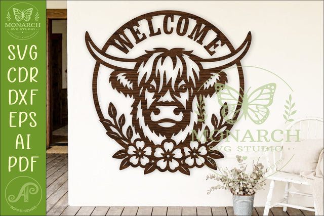 Highland Cow Welcome Floral Wall Sign SVG Farmhouse Door SVG APInspireddesigns 
