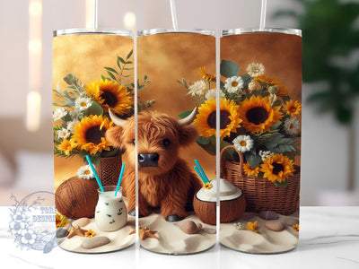 Highland Cow Western Sunflower 20oz Skinny Tumbler, Cute Cow on Beach Tumbler Png, Straight & Tapered Tumbler Wrap, Instant Digital Download Sublimation ToriDesigns 