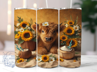 Highland Cow Western Sunflower 20oz Skinny Tumbler, Cute Cow on Beach Tumbler Png, Straight & Tapered Tumbler Wrap, Instant Digital Download Sublimation ToriDesigns 