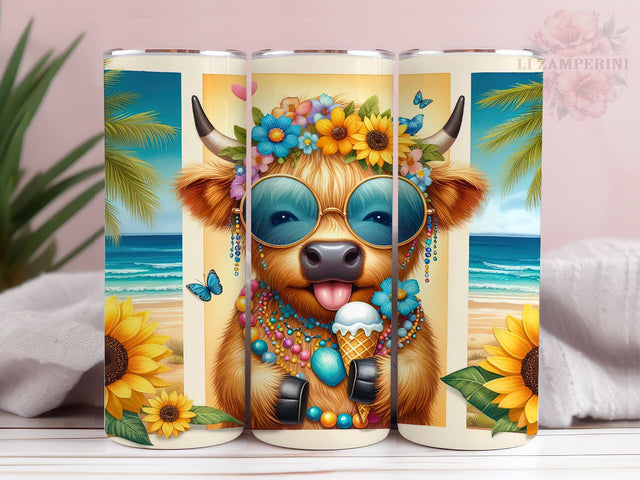 Highland Cow Western Sunflower 20oz Tumbler Wrap PNG, Cute Cow on Beach Tumbler Png, Straight & Tapered Tumbler Wrap, Instant Digital Download Sublimation Li Zamperini 