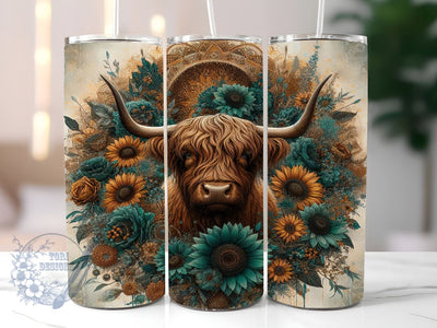 Highland Cow Western Yellow Sunflower 20oz Skinny Tumbler, Highland Cow Tumbler Png, Straight & Tapered Tumbler Wrap, Instant Digital Download Sublimation ToriDesigns 