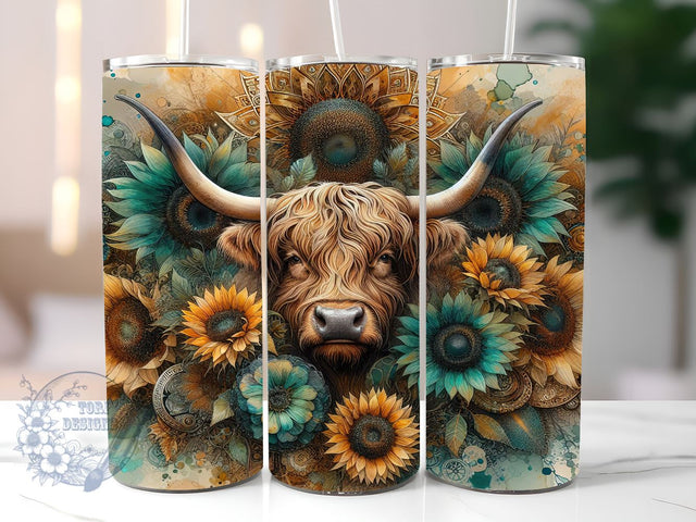 Highland Cow Western Yellow Sunflower 20oz Skinny Tumbler, Highland Cow Tumbler Png, Straight & Tapered Tumbler Wrap, Instant Digital Download Sublimation ToriDesigns 