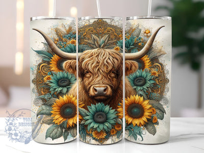 Highland Cow Western Yellow Sunflower 20oz Skinny Tumbler, Highland Cow Tumbler Png, Straight & Tapered Tumbler Wrap, Instant Digital Download Sublimation ToriDesigns 