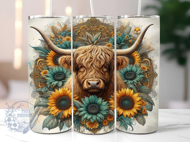 Highland Cow Western Yellow Sunflower 20oz Skinny Tumbler, Highland Cow Tumbler Png, Straight & Tapered Tumbler Wrap, Instant Digital Download Sublimation ToriDesigns 