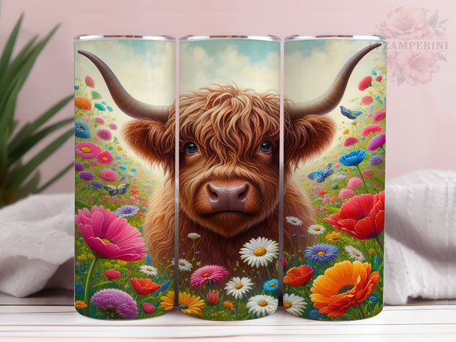 Highland Cow Wildflowers 20oz Tumbler Wrap PNG, Highland Cow Tumbler Png, Straight & Tapered Tumbler Wrap, Instant Digital Download Sublimation Li Zamperini 