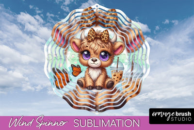 Highland Cow Wind Spinner, Cute Cow Wind Spinner Sublimation Sublimation OrangeBrushStudio 