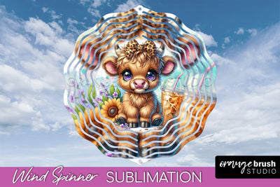 Highland Cow Wind Spinner, Cute Cow Wind Spinner Sublimation Sublimation OrangeBrushStudio 