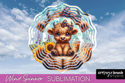 Highland Cow Wind Spinner, Cute Cow Wind Spinner Sublimation Sublimation OrangeBrushStudio 