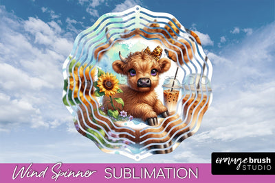 Highland Cow Wind Spinner, Cute Cow Wind Spinner Sublimation Sublimation OrangeBrushStudio 
