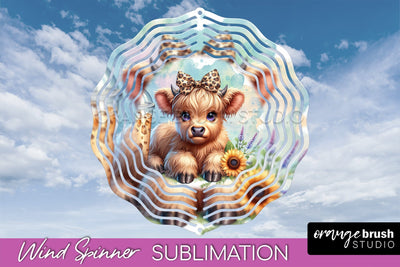 Highland Cow Wind Spinner, Cute Cow Wind Spinner Sublimation Sublimation OrangeBrushStudio 