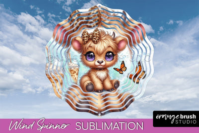 Highland Cow Wind Spinner, Cute Cow Wind Spinner Sublimation Sublimation OrangeBrushStudio 