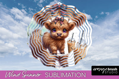 Highland Cow Wind Spinner, Cute Cow Wind Spinner Sublimation Sublimation OrangeBrushStudio 