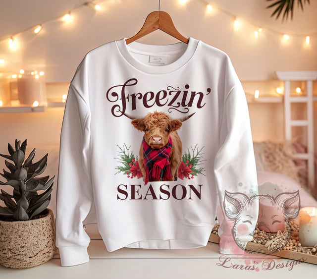 Highland Cow, Winter Cow, Freezin' Season, Cute Cow PNG, Seasonal Decor, Farm Animal Art, Snowy Cow, Digital Download Sublimation Lara' s Designs 