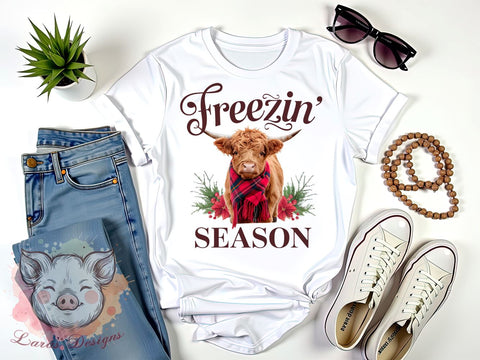 Highland Cow, Winter Cow, Freezin' Season, Cute Cow PNG, Seasonal Decor, Farm Animal Art, Snowy Cow, Digital Download Sublimation Lara' s Designs 