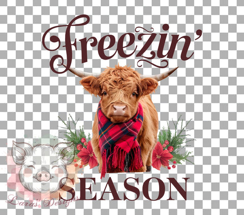 Highland Cow, Winter Cow, Freezin' Season, Cute Cow PNG, Seasonal Decor, Farm Animal Art, Snowy Cow, Digital Download Sublimation Lara' s Designs 
