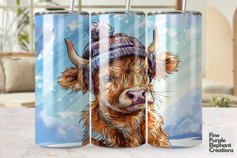 Highland Cow Winter Hat Sublimation Tumbler Wrap Sublimation Fine Purple Elephant Creations 