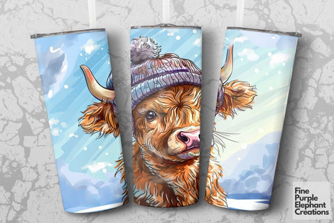 Highland Cow Winter Hat Sublimation Tumbler Wrap Sublimation Fine Purple Elephant Creations 