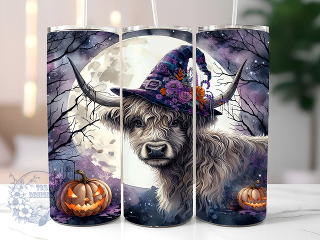 Highland Cow Witch Halloween 20oz Skinny Tumbler, Witch Halloween Tumbler Png, Straight & Tapered Tumbler Wrap, Instant Digital Download Sublimation ToriDesigns 