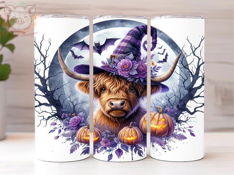 Highland Cow Witch Halloween 20oz Tumbler Png, Straight & Tapered