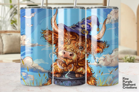 Highland Cow Witch Sublimation Tumbler Wrap Sublimation Fine Purple Elephant Creations 