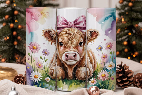 Highland Cow with Bow 20oz Tumbler Sublimation DesignSVG 