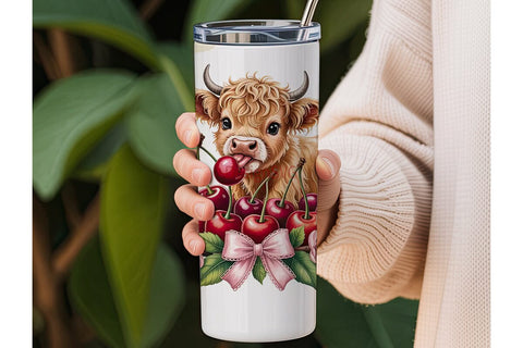Highland Cow with Cherries Tumbler Wrap Sublimation DesignSVG 